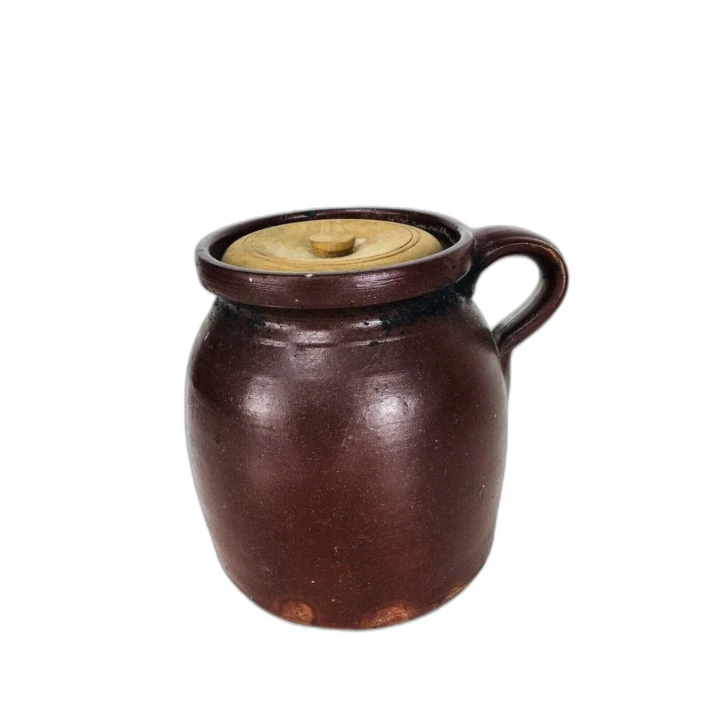 Antique Late 1800s Farmhouse Slip Glazed Stoneware Crock With Handle & Wood Lid